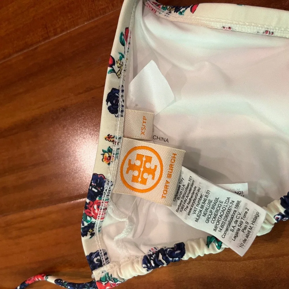 Tory Burch Bikini Top Floral Triangle Swim Red Navy Blue Halter Unpadded Size XS